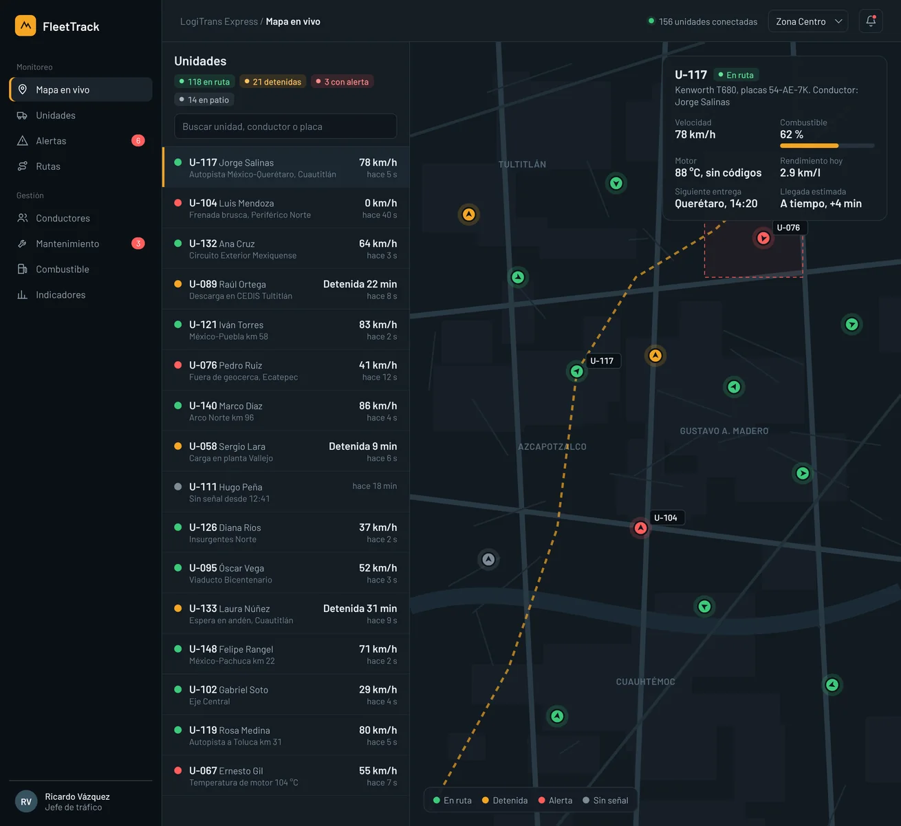 FleetTrack: mapa en vivo con la ubicación y estado de cada unidad
