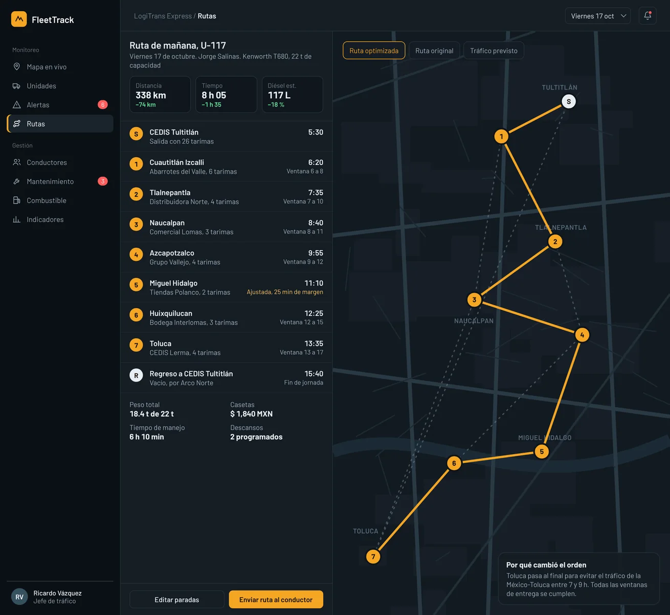 FleetTrack: ruta optimizada con paradas y ventanas de entrega