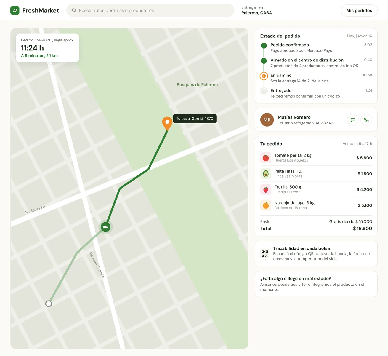 FreshMarket: seguimiento del pedido en el mapa con hora de llegada