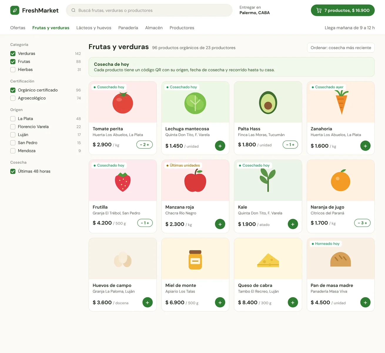 FreshMarket: catálogo de frutas y verduras orgánicas por productor
