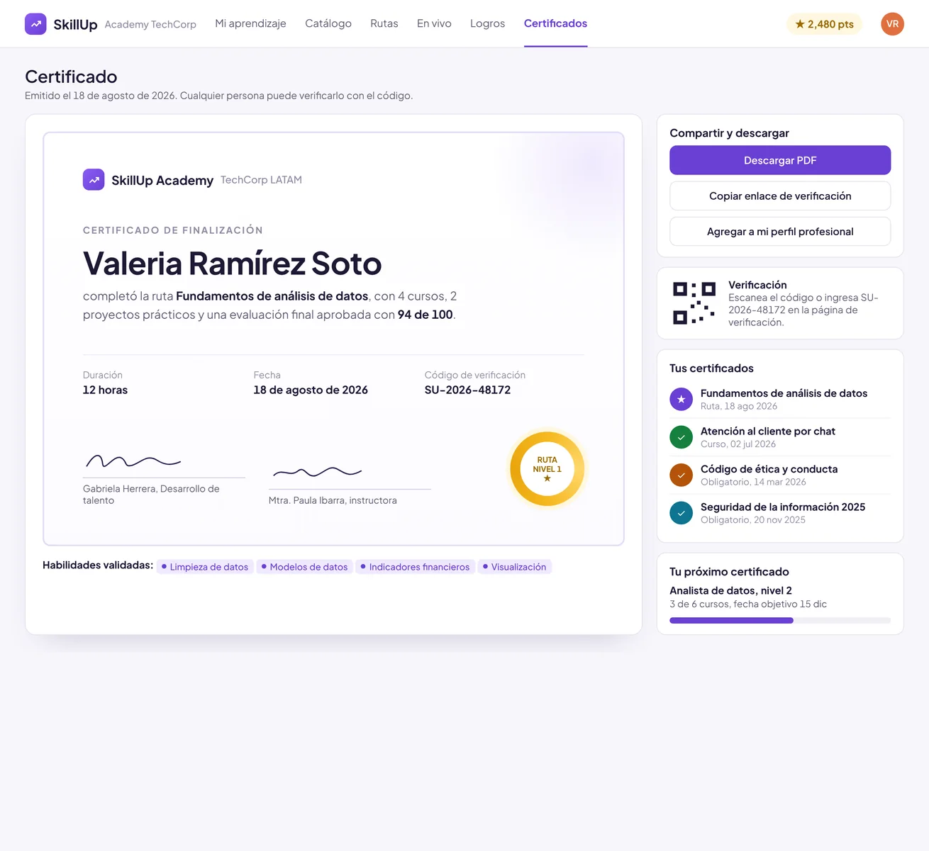 SkillUp Academy: certificado digital con código de verificación
