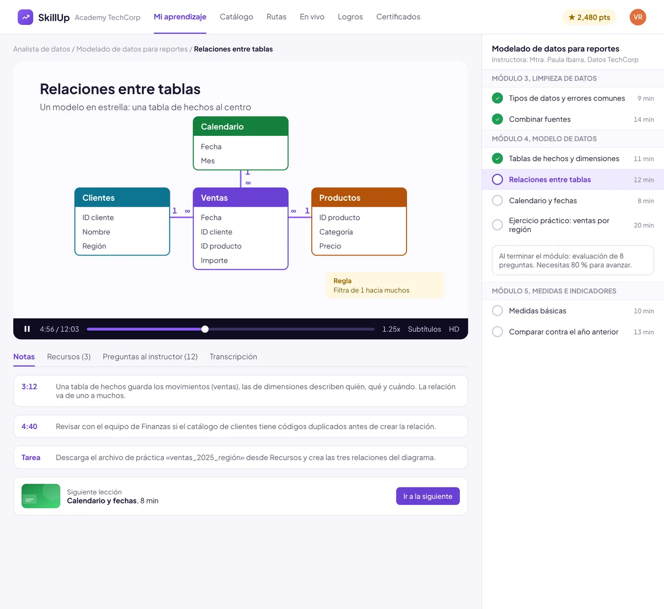 SkillUp Academy: reproductor de clases con temario, notas y avance